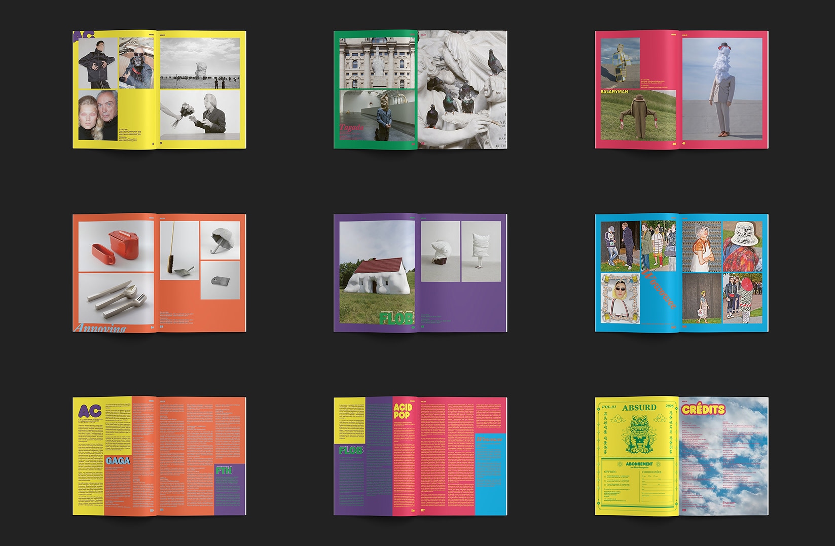 Selection de doubles pages d'Absurd Magazine exposees sur fond sombre.