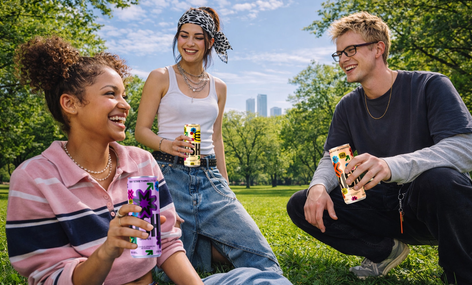 Scene lifestyle Kishi dans un parc avec les canettes en main.