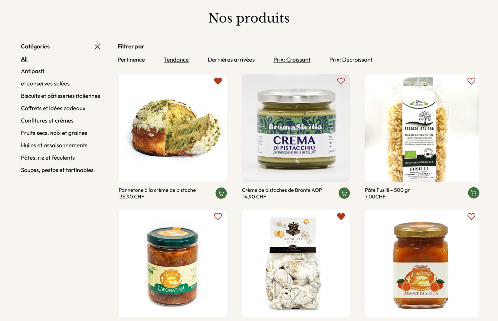 Catalogue produits Yaam Italie affiche sur le site.