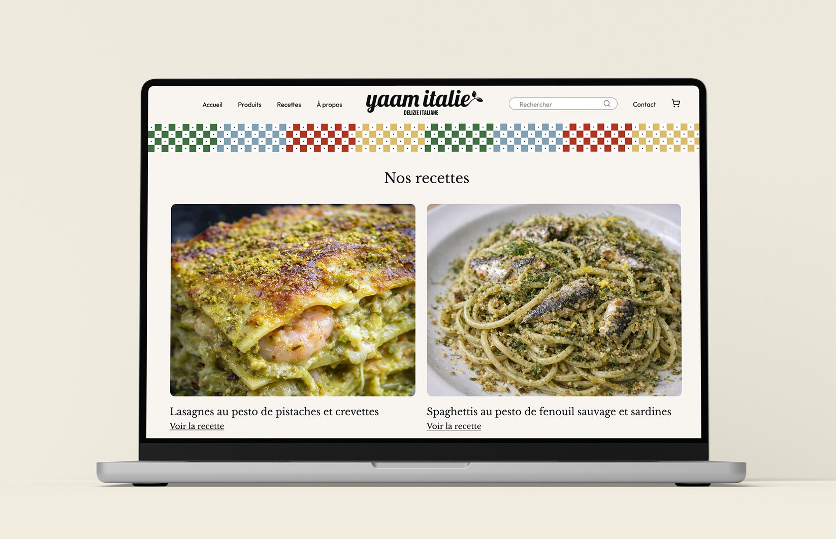 Section recettes Yaam Italie sur un ordinateur portable.