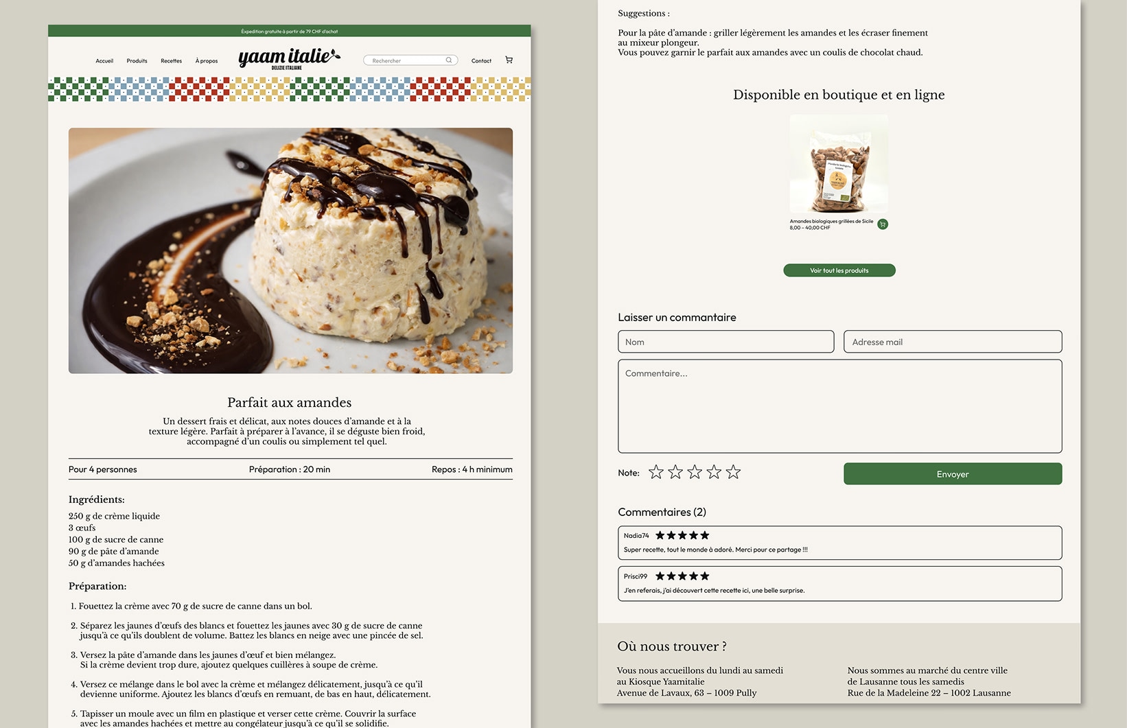 Pages recettes et contact du site Yaam Italie.